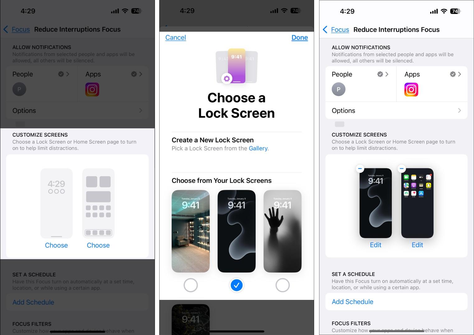 Choosing a Lock Screen and Home Screen for the Reduce Notifications Focus mode.