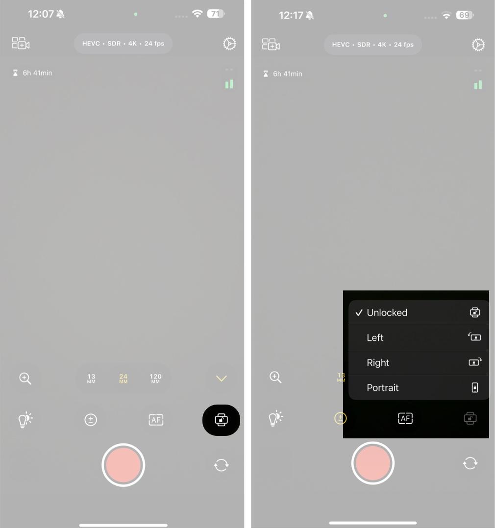 Camera orientation options in Final Cut Camera app.