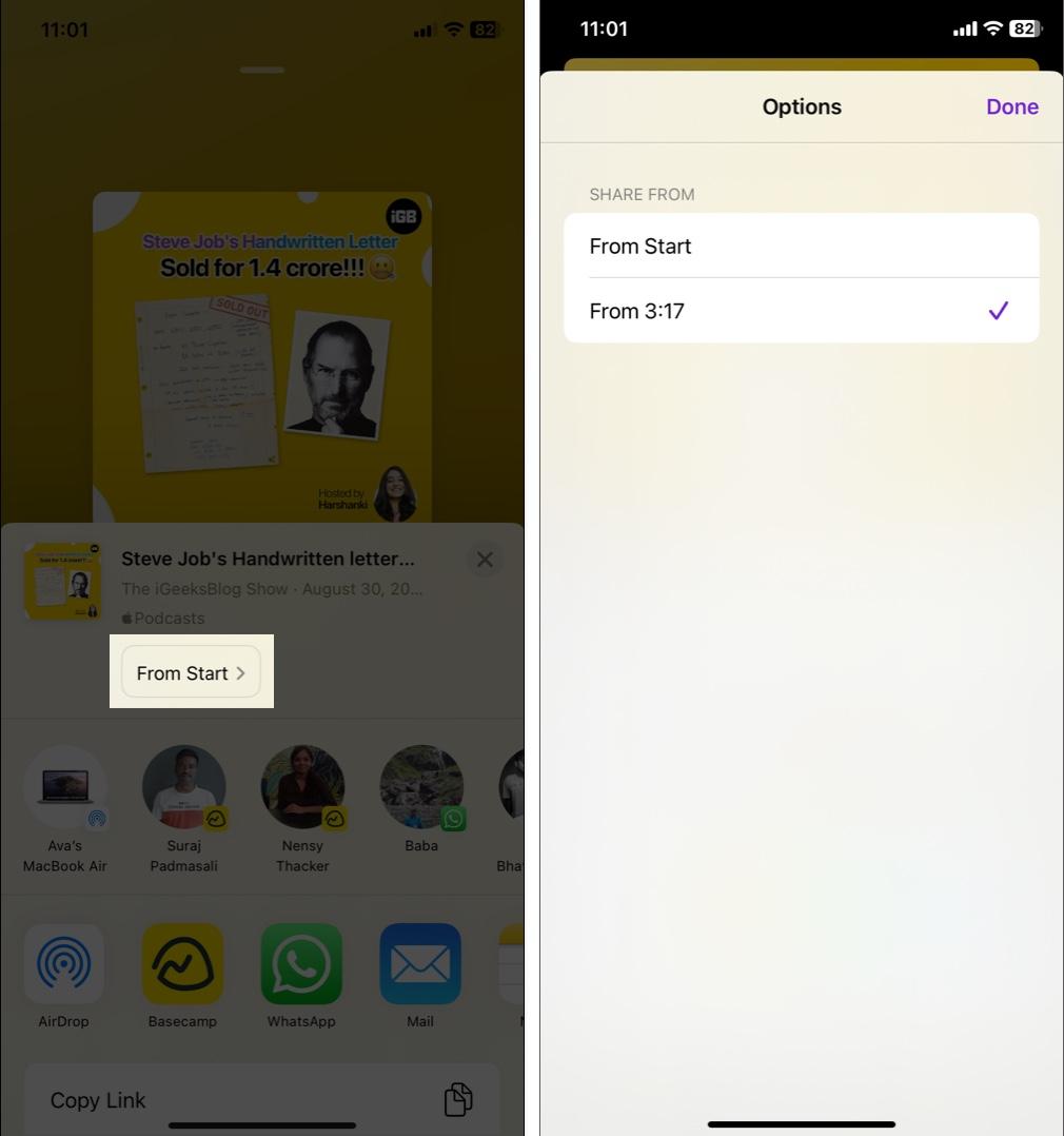 Share specific section of Podcast on iPhone.