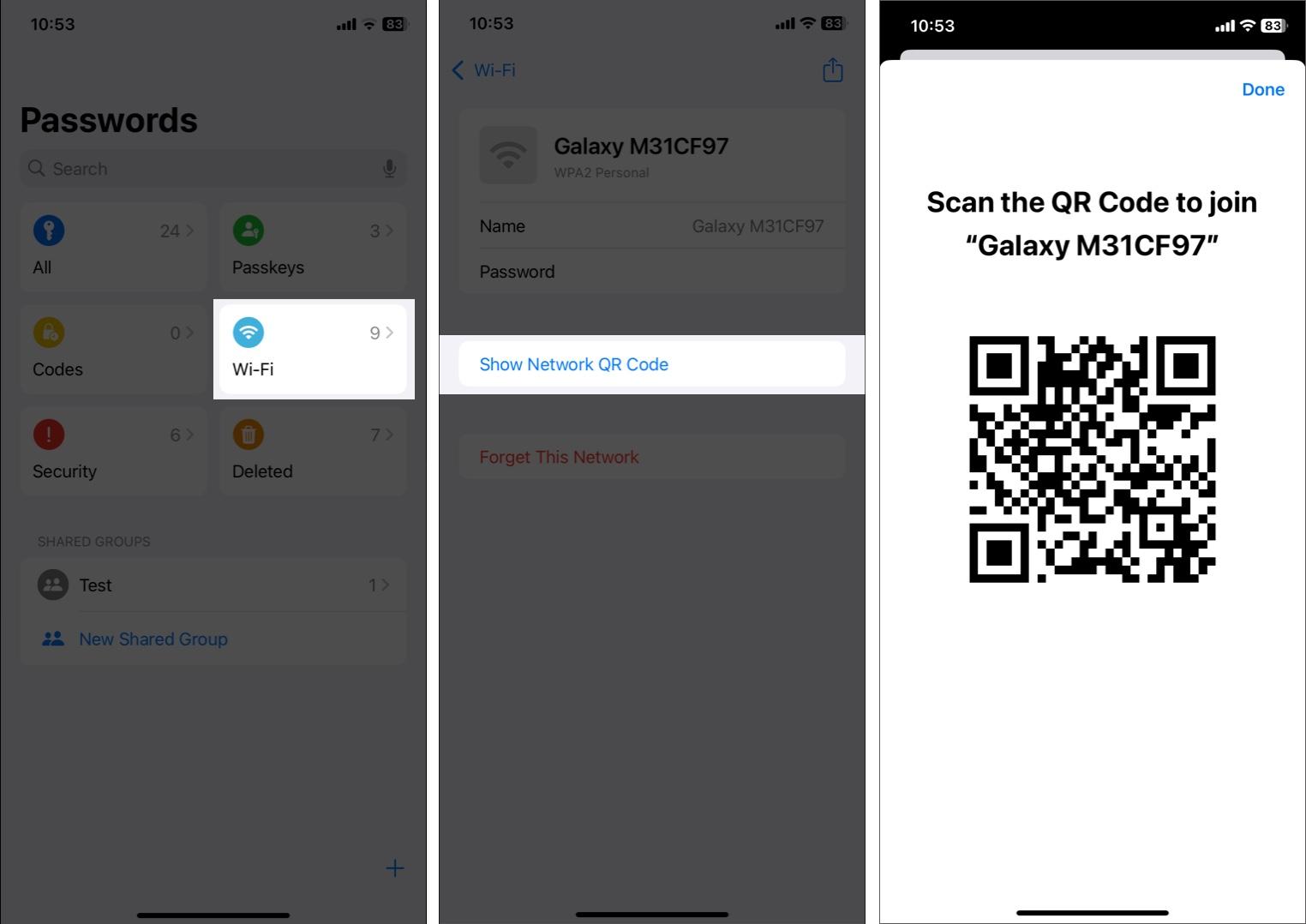 Share your WiFi password easily through QR code on iPhone.