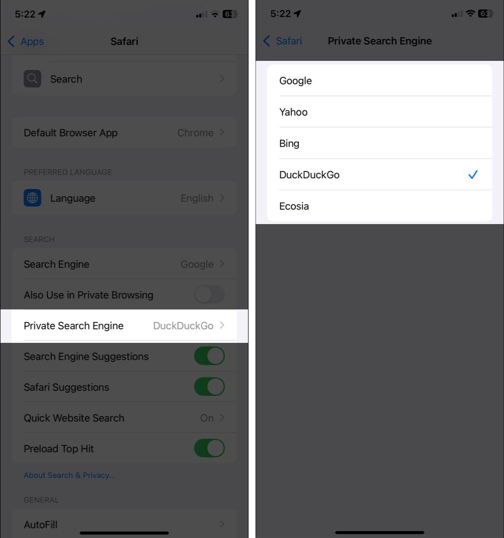 Steps to change the default search engine for private browsing in Safari on iPhone.