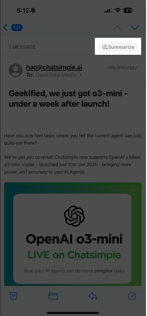 Summarize an email using Apple Intelligence.