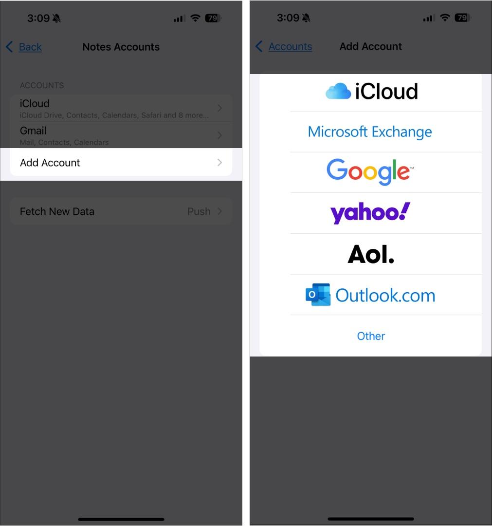 Tap Add Account choose email provider and continue setup.