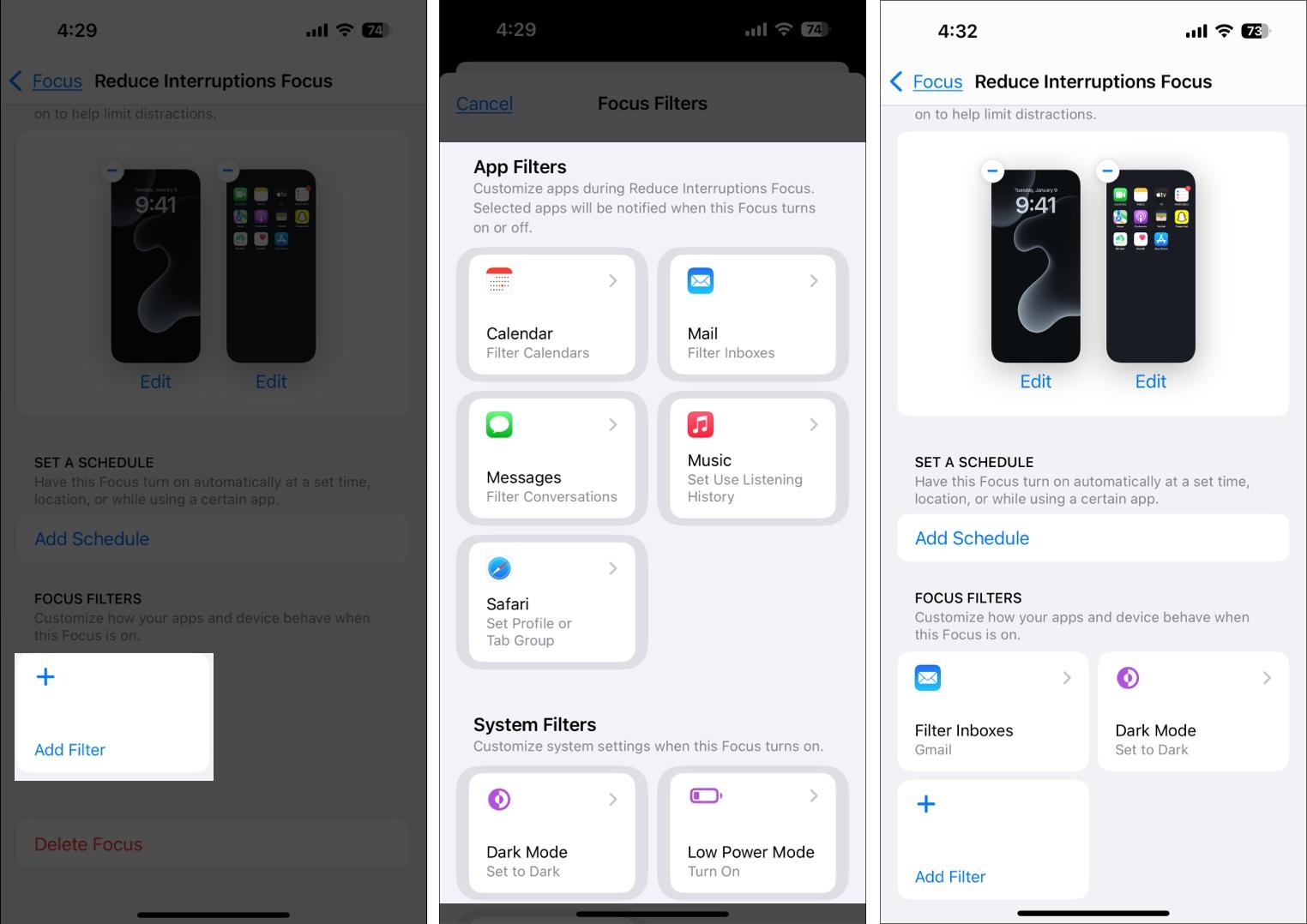 Adding filters for the Reduce Interruptions Focus mode on an iPhone.