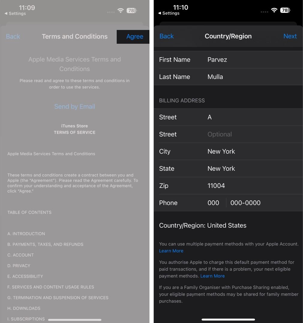Entering billing details for the new country in iOS Settings app.