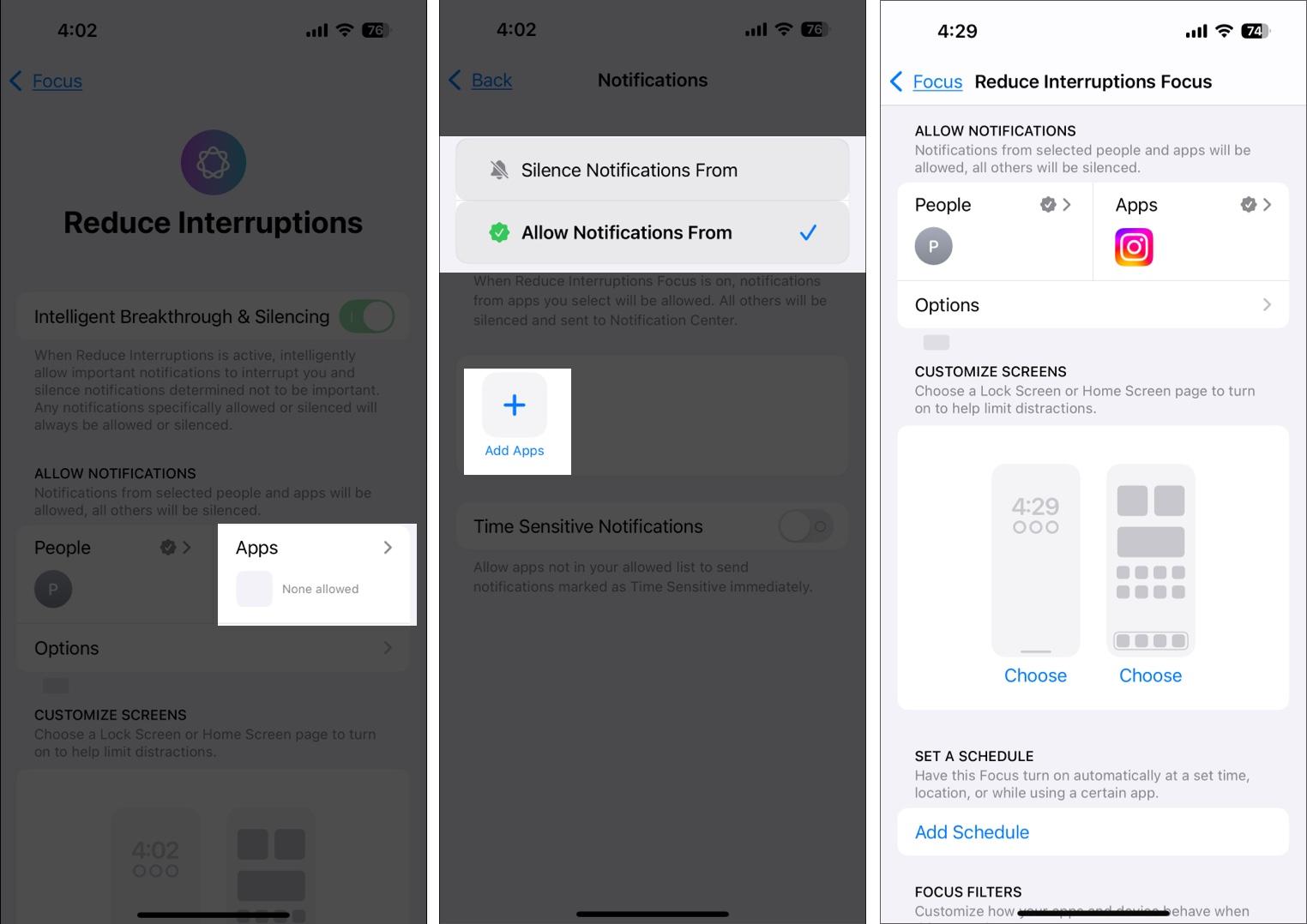 Choosing apps to allow/silence notifications from for the Reduce Interruptions Focus mode.