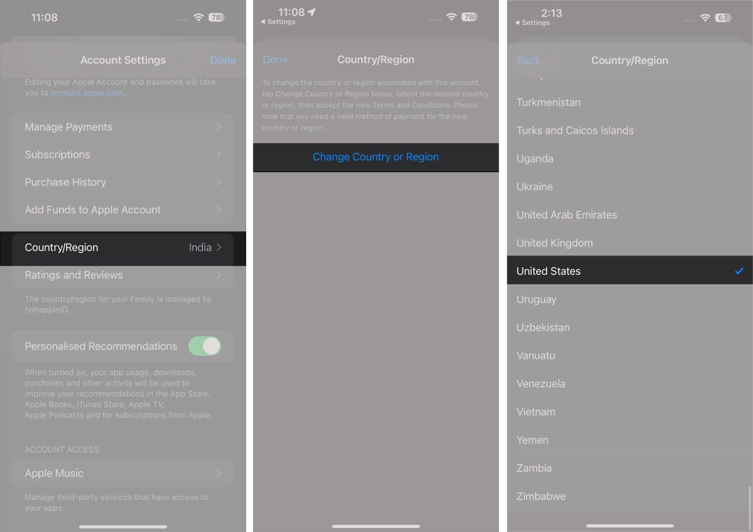 Selecting a country on the Country/Region page in iOS Settings app.