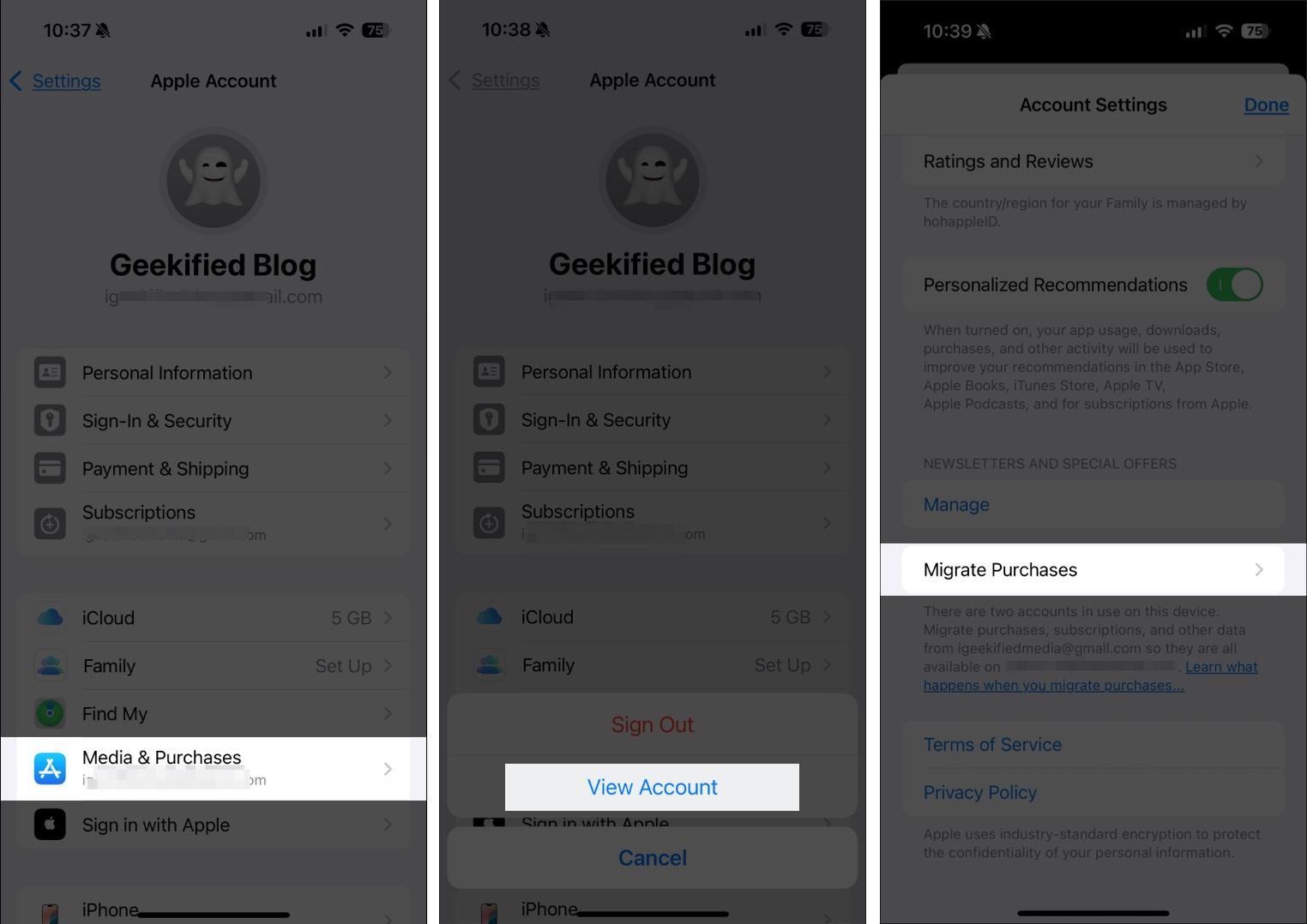Accessing Migrate Purchases option in Apple Account Settings page.