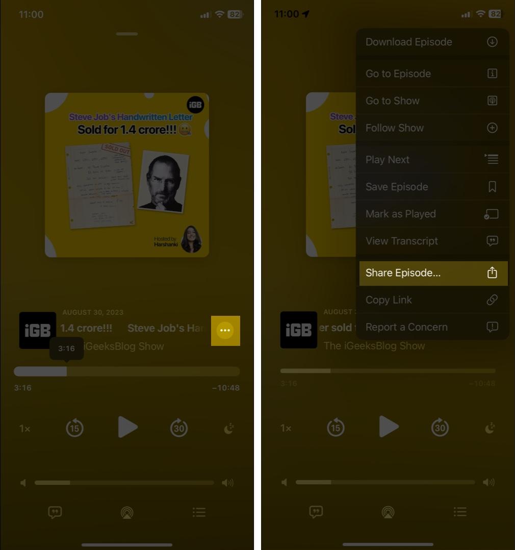 Tap More icon and select Share Episode.