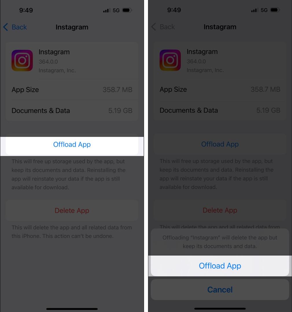 Offloading the selected app from an iPhone.