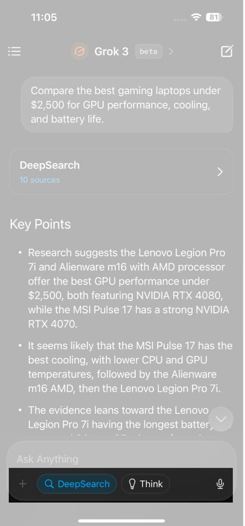 Using the DeepSearch feature in Grok's iOS app.