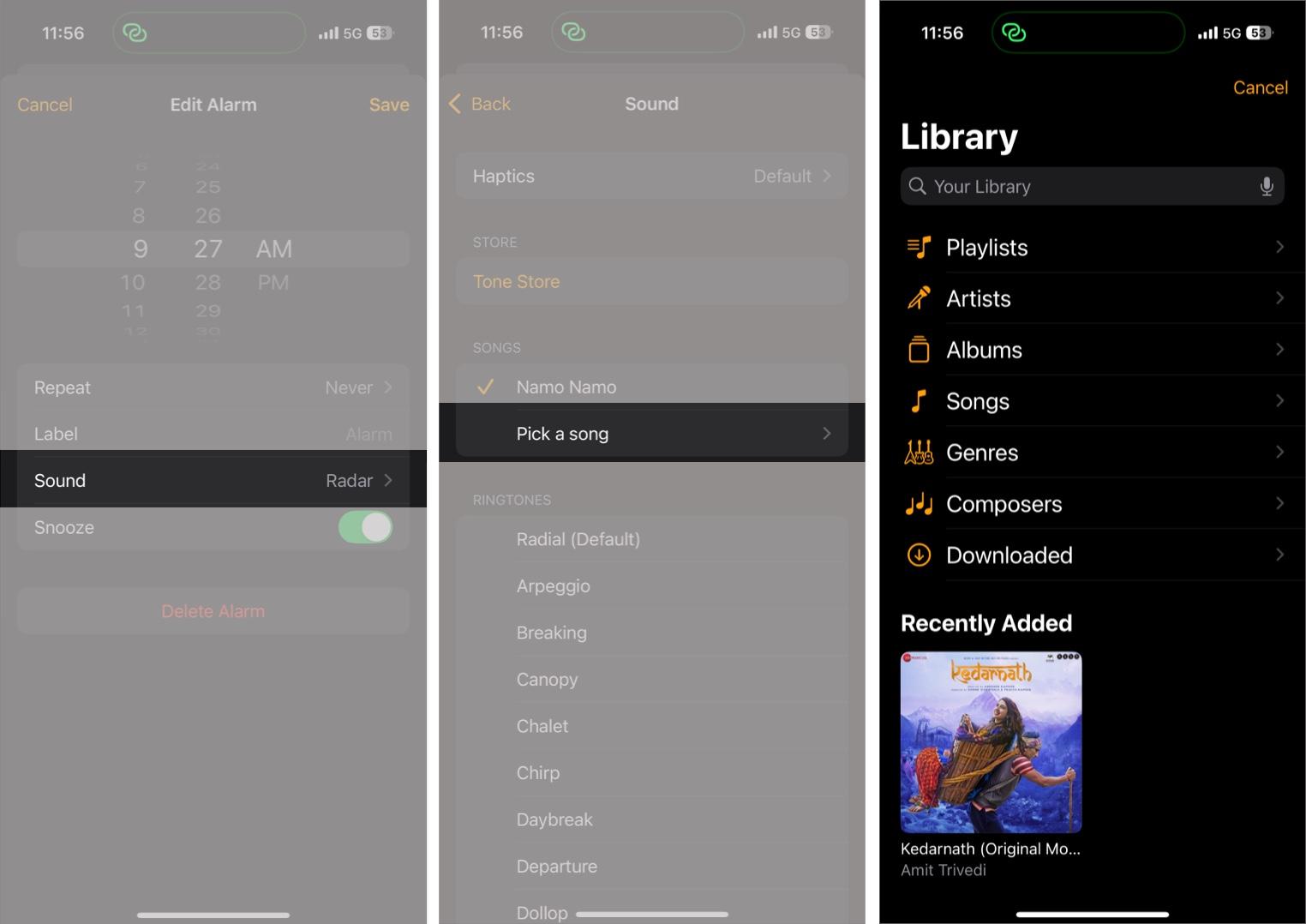 Setting a song as the alarm sound in the iOS Clock app on an iPhone.