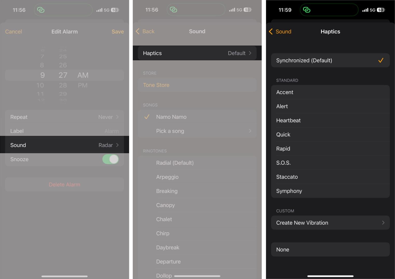Tap on Sound select Haptics and choose an option from Standard section.