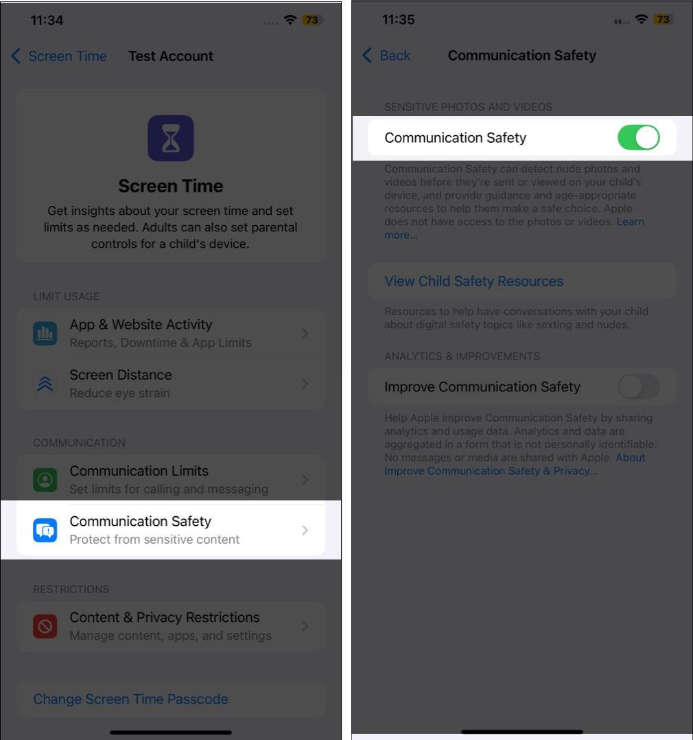 Turning on the Communication Safety feature on an iPhone.