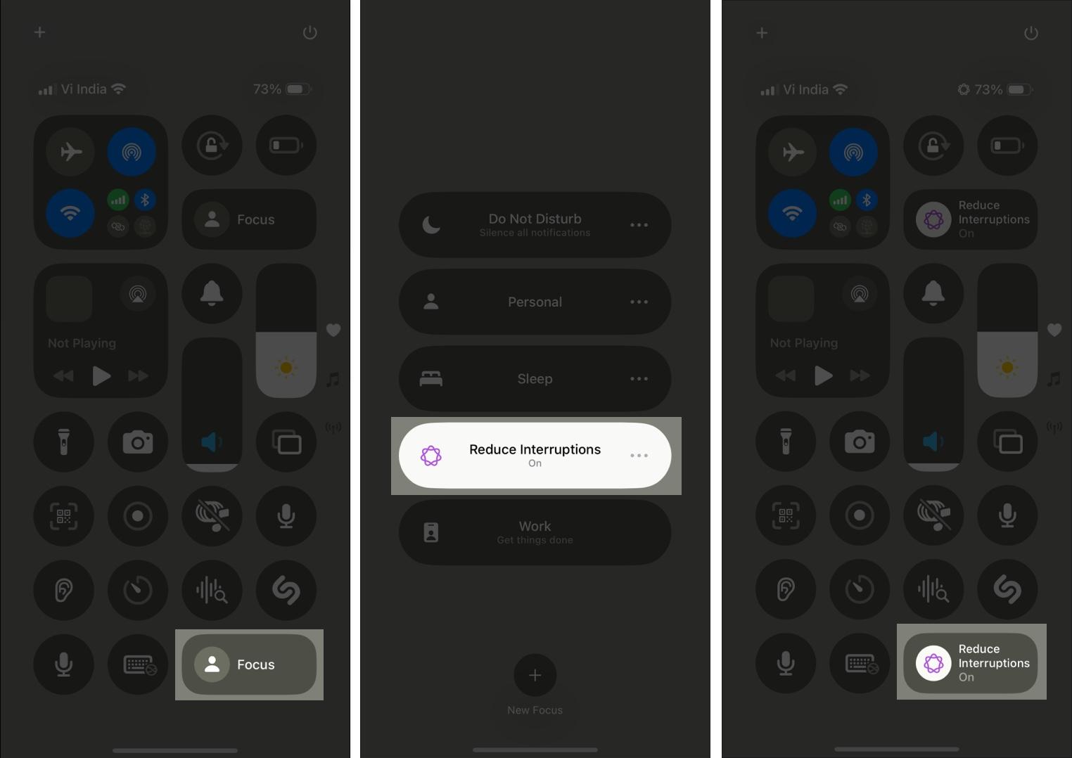Toggling the Reduce Interruptions Focus mode from the iPhone Control Center.
