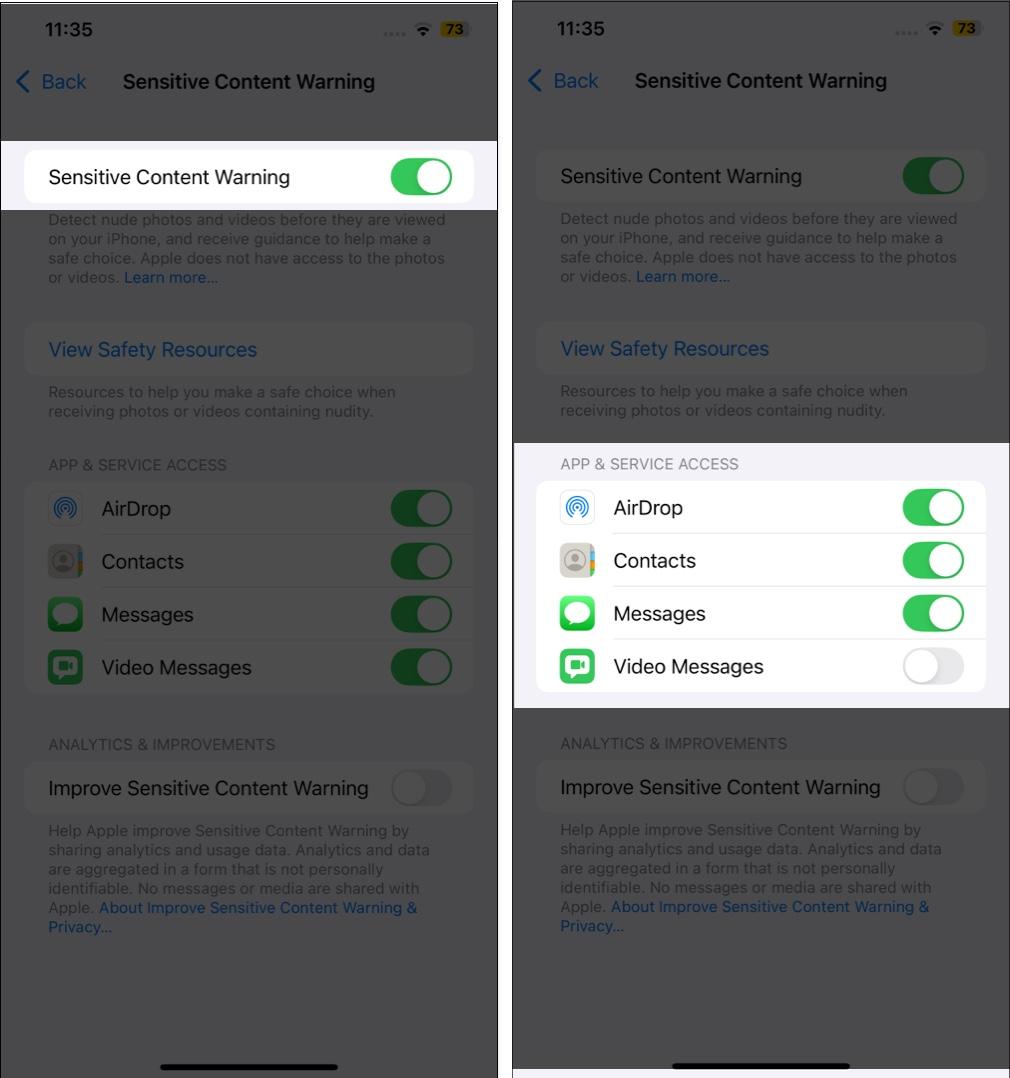 Turning on Sensitive Content Warning and toggling it off for specific apps.