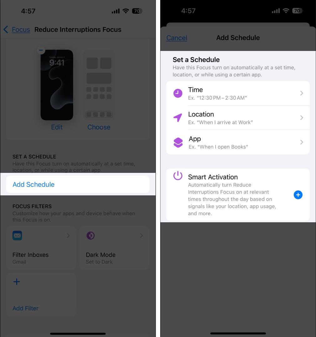 Setting up a schedule to automatically turn on the Reduce Interruptions Focus mode on an iPhone.