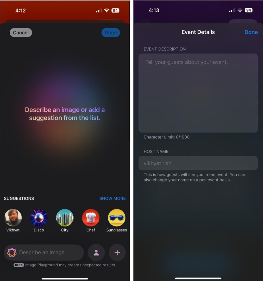 Using Image playground and adding event description in Apple Invites app.