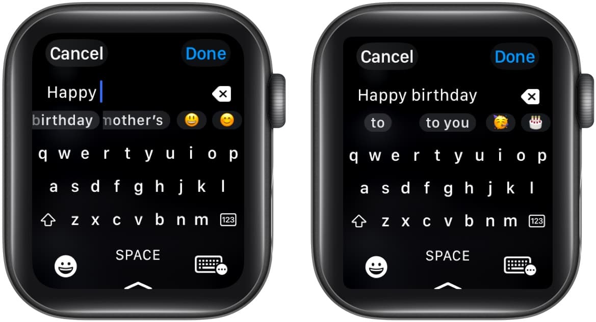Using predictive text suggestions to enter text faster on an Apple Watch.