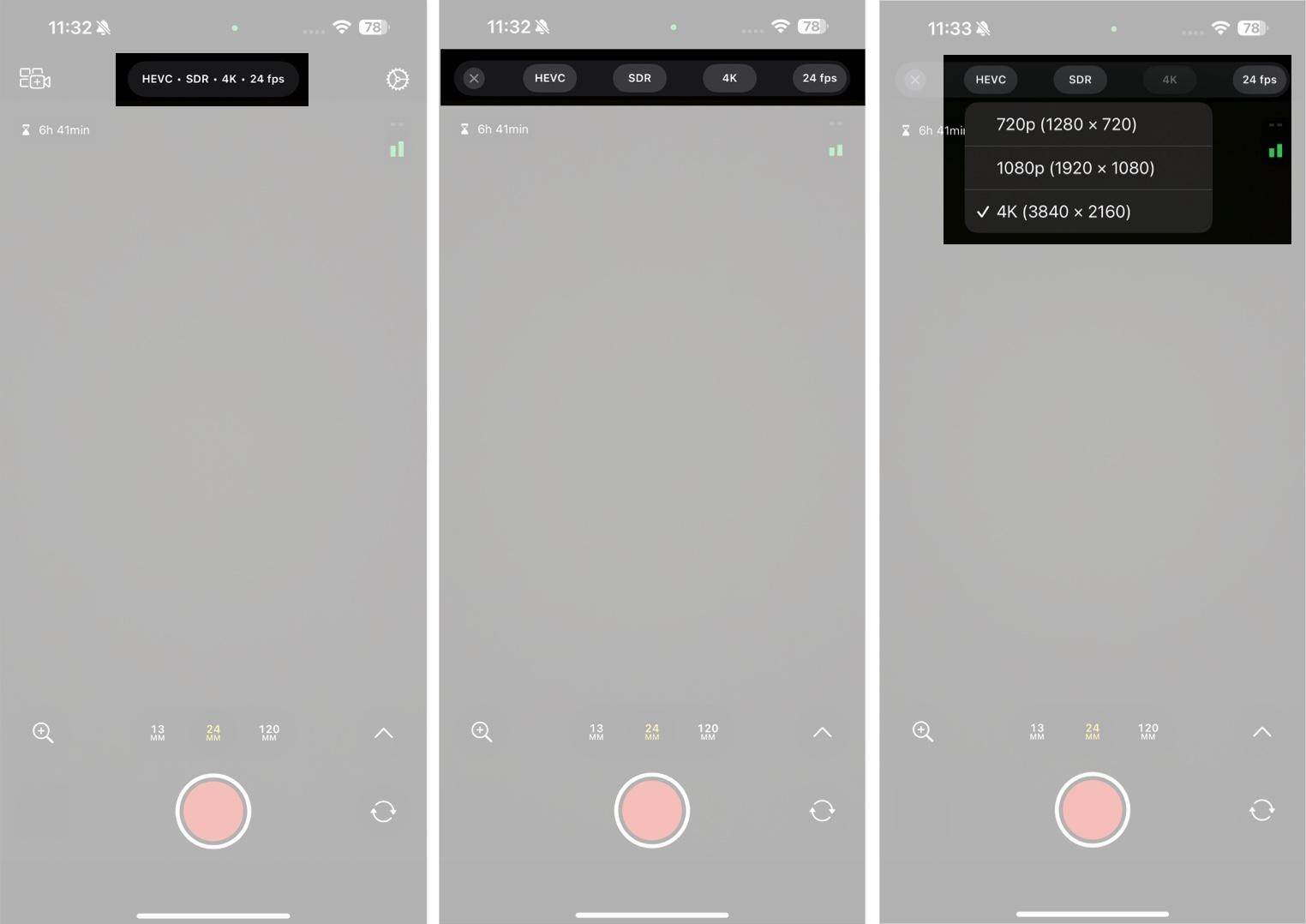 Video recording settings in Final Cut Camera app.