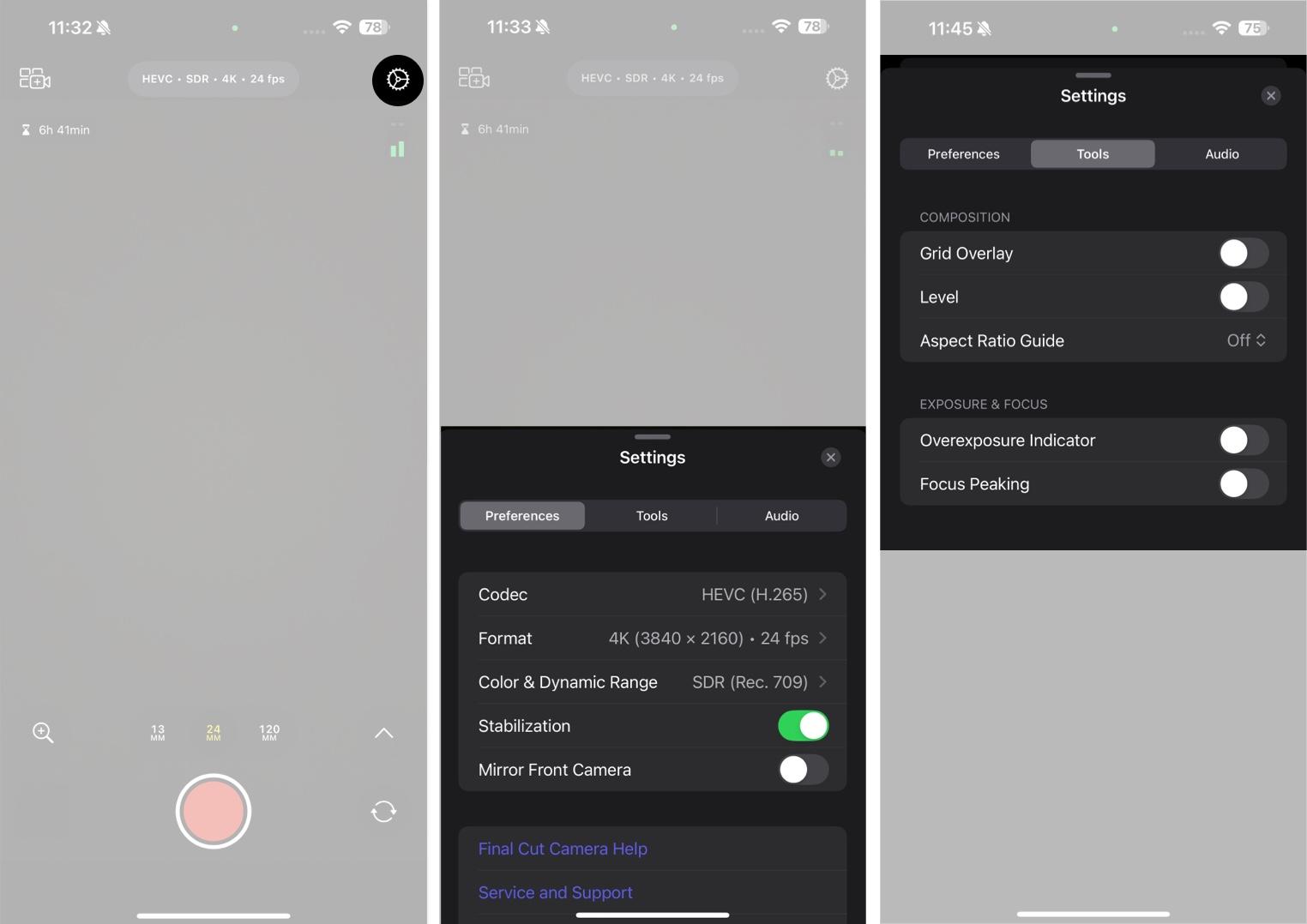 Video recording settings in Final Cut Camera app.