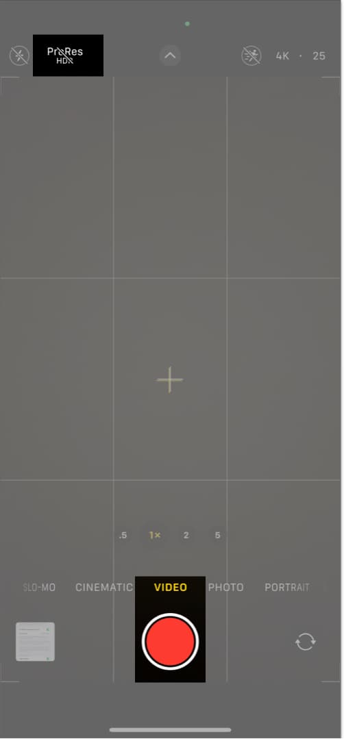 Enabling/disabling ProRes mode in the Camera app on an iPhone.