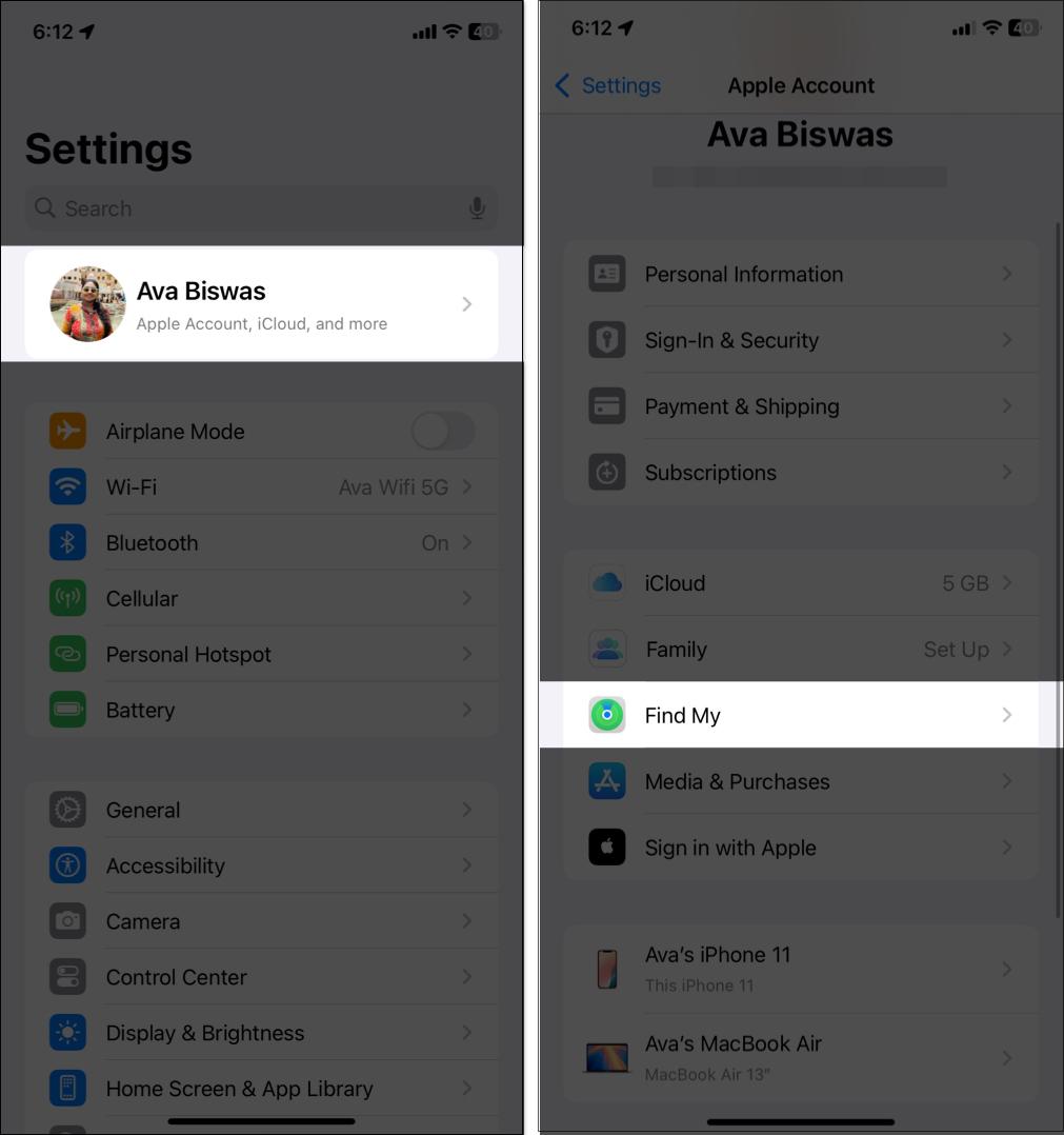 Accessing Find My settings on an iPhone.