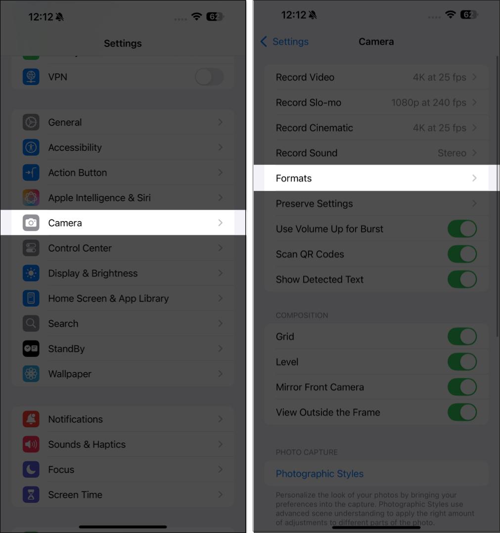 Accessing Formats under Camera settings in iOS Settings app.