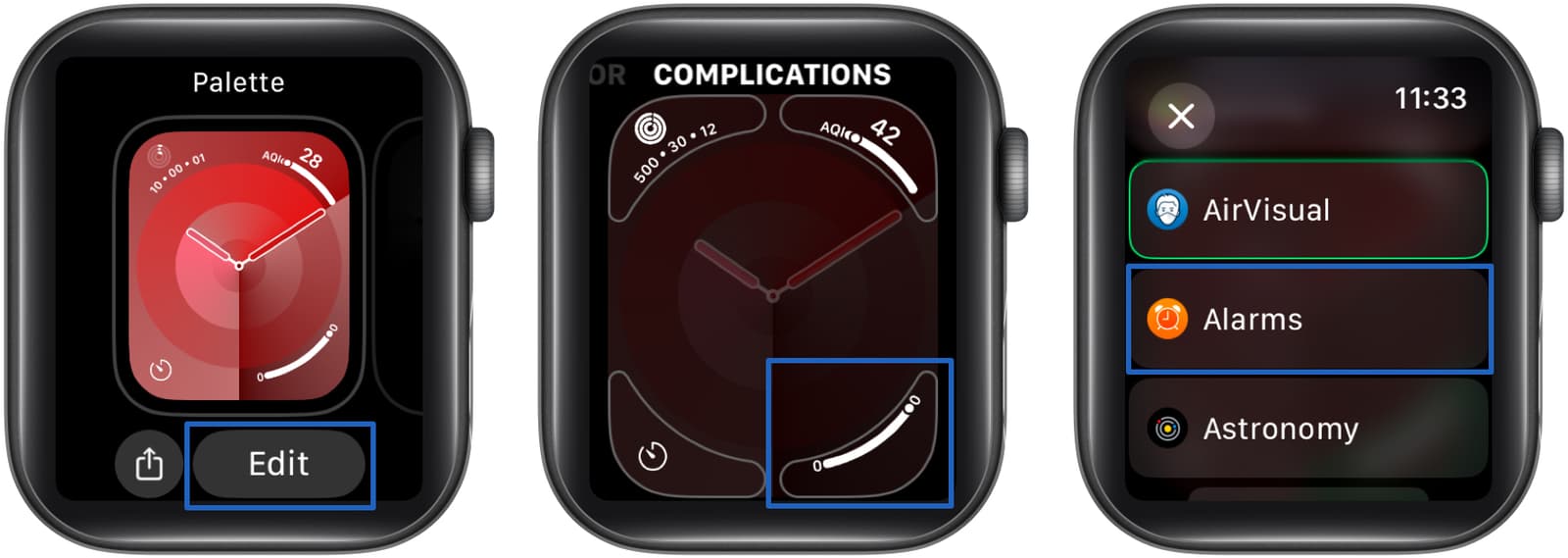 Adding Alarms to a watch face on an Apple Watch.