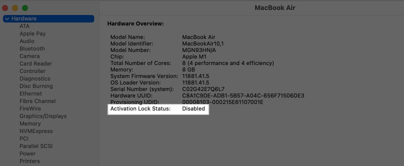 Checking the Activation lock status on a Mac.