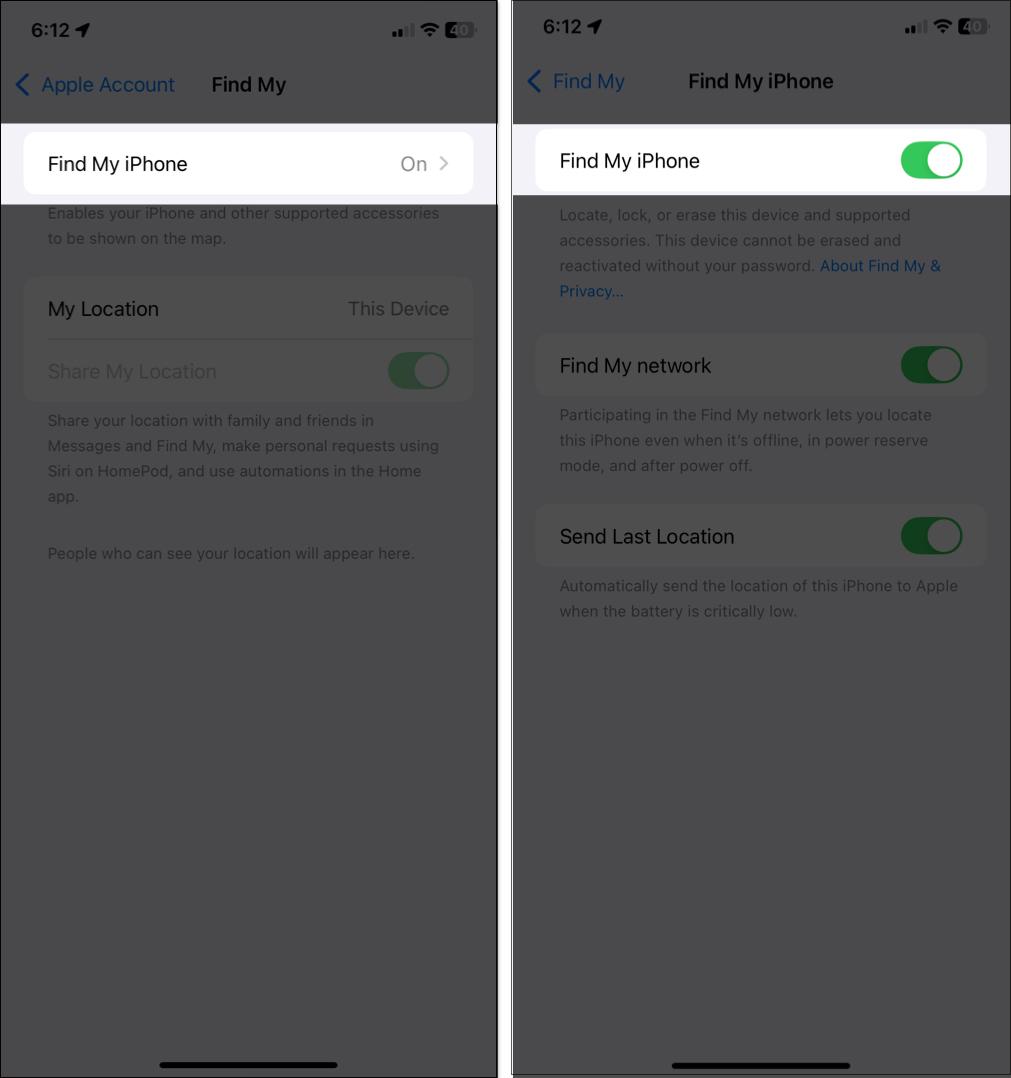 Checking whether Find My is turned on in iPhone Settings app.