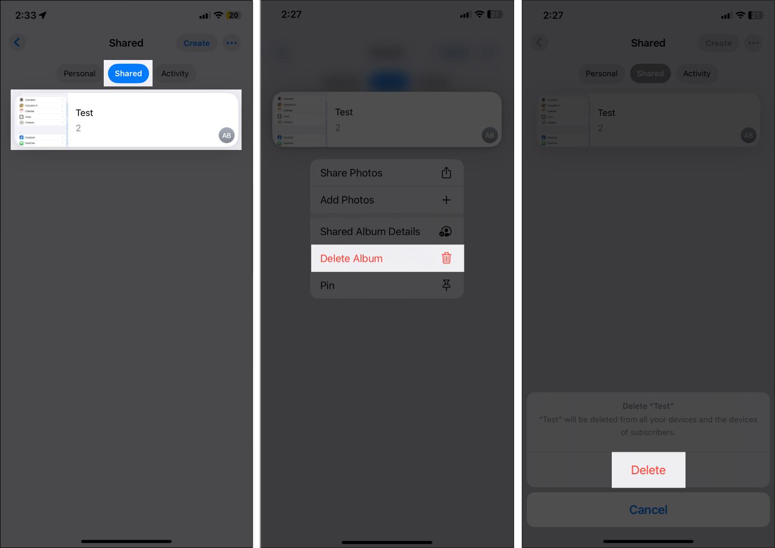 Deleting Shared album from Photos app on iPhone