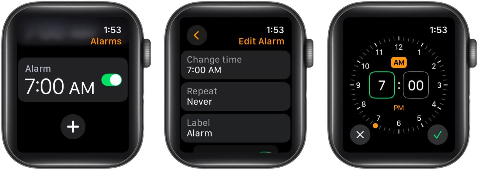 Editing an alarm's time in the Alarms app on an Apple Watch.