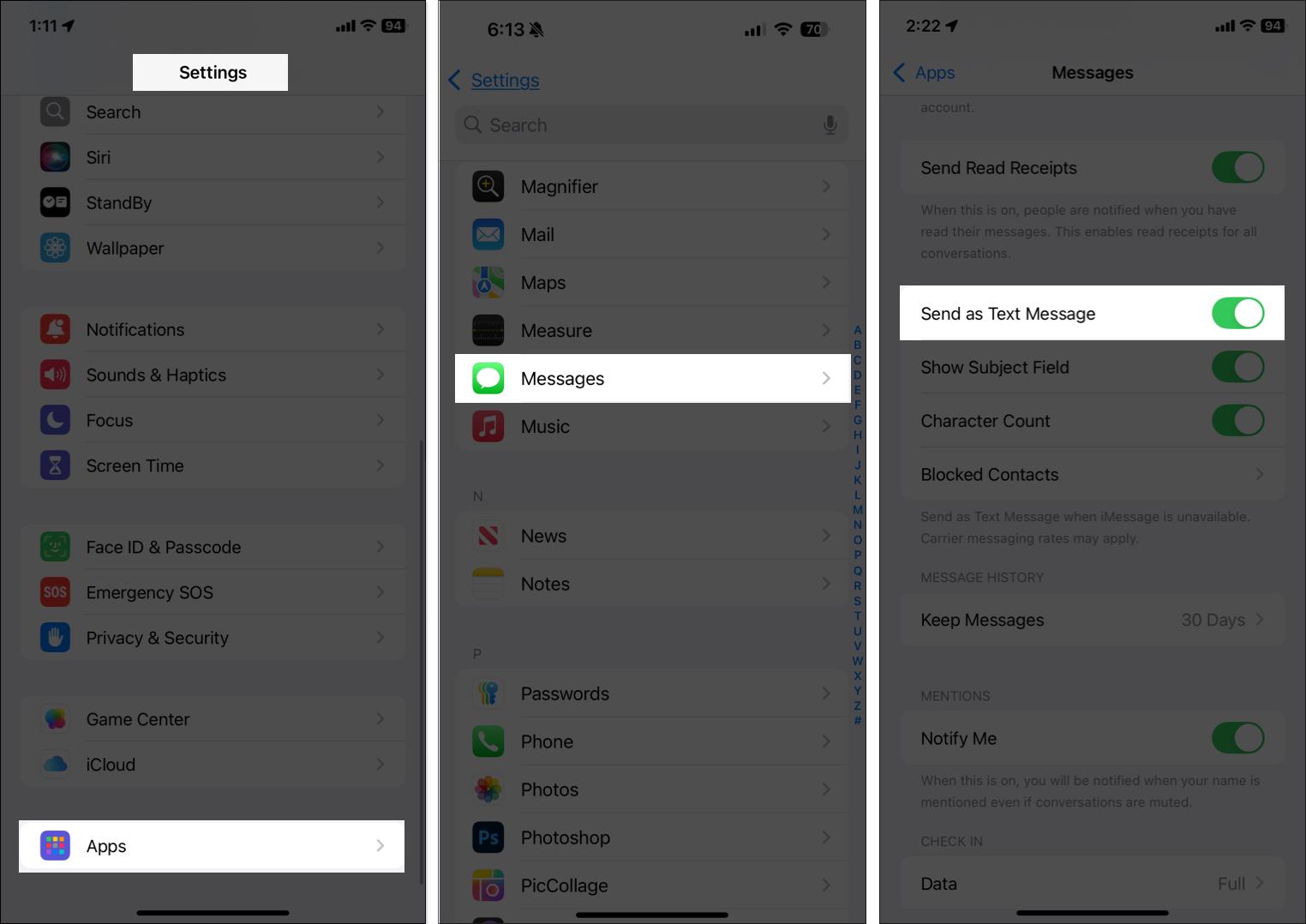 Enabling the Send as Text Message for the Messages app on an iPhone.