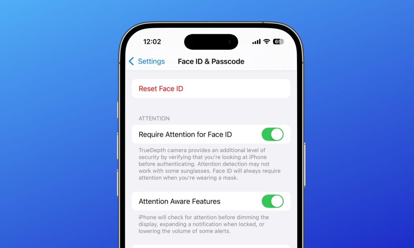 Attention Aware Features in iOS Settings app on an iPhone toggled on.