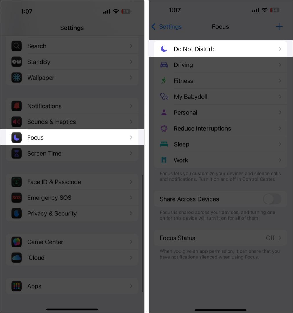 Navigating to Do Not Disturb under Focus settings on an iPhone.