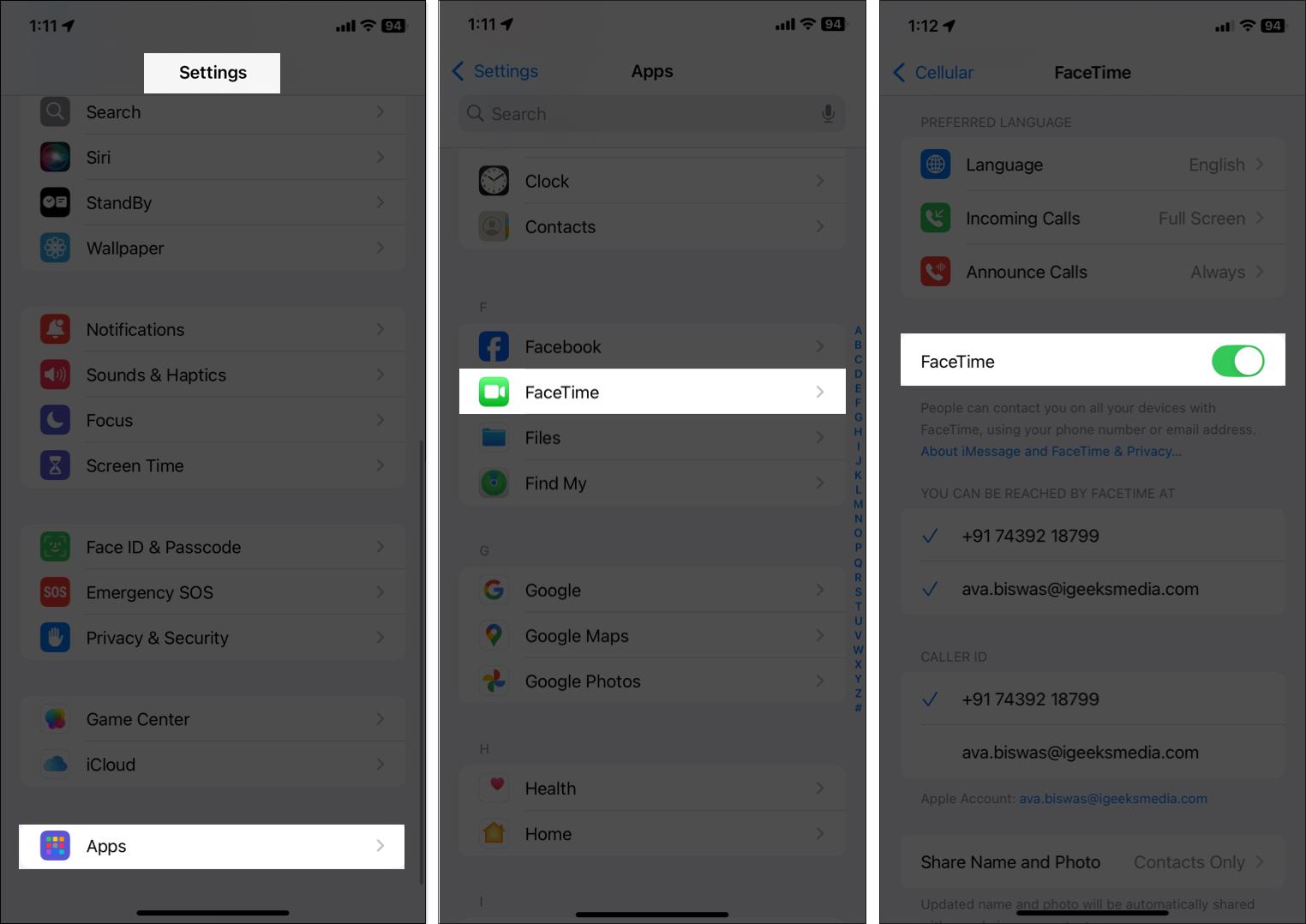 Disabling and enabling FaceTime on an iPhone.
