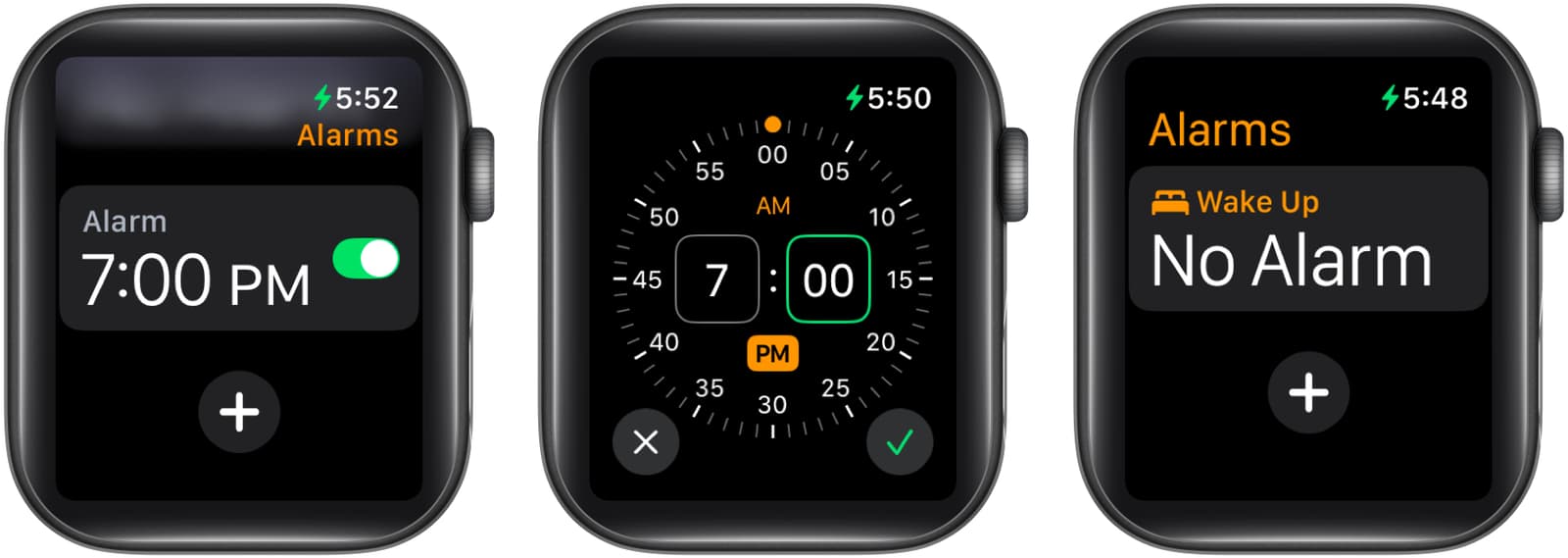 Setting alarm from the Alarms app on an Apple Watch.