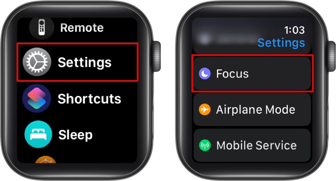 Accessing Focus settings in the Apple Watch Settings app.