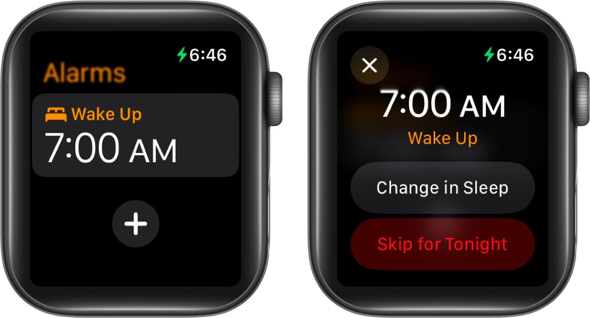Skipping a wake-up alarm in the watchOS Alarms app.