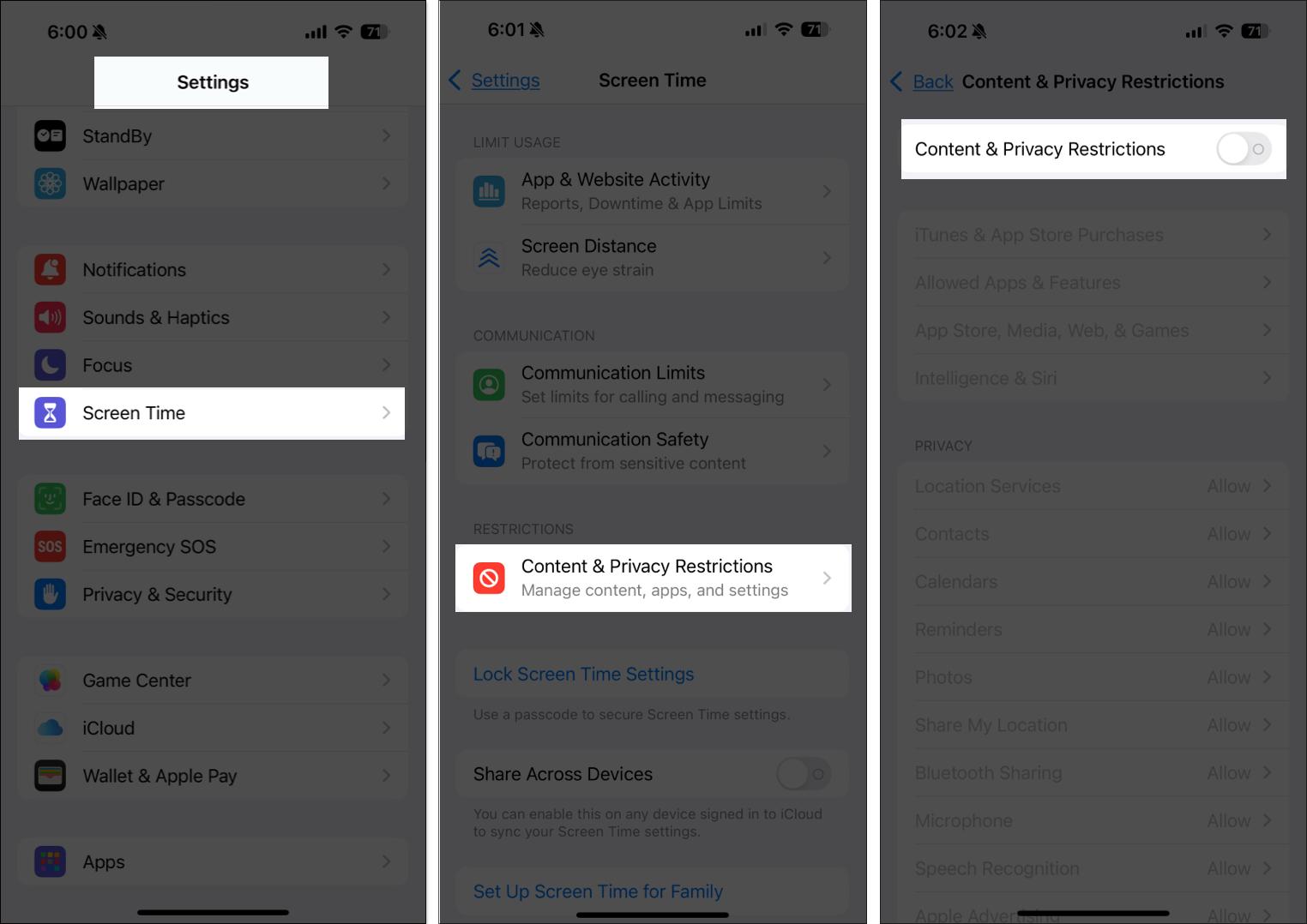 Disabling the Content & Privacy Restrictions option in iPhone Settings.