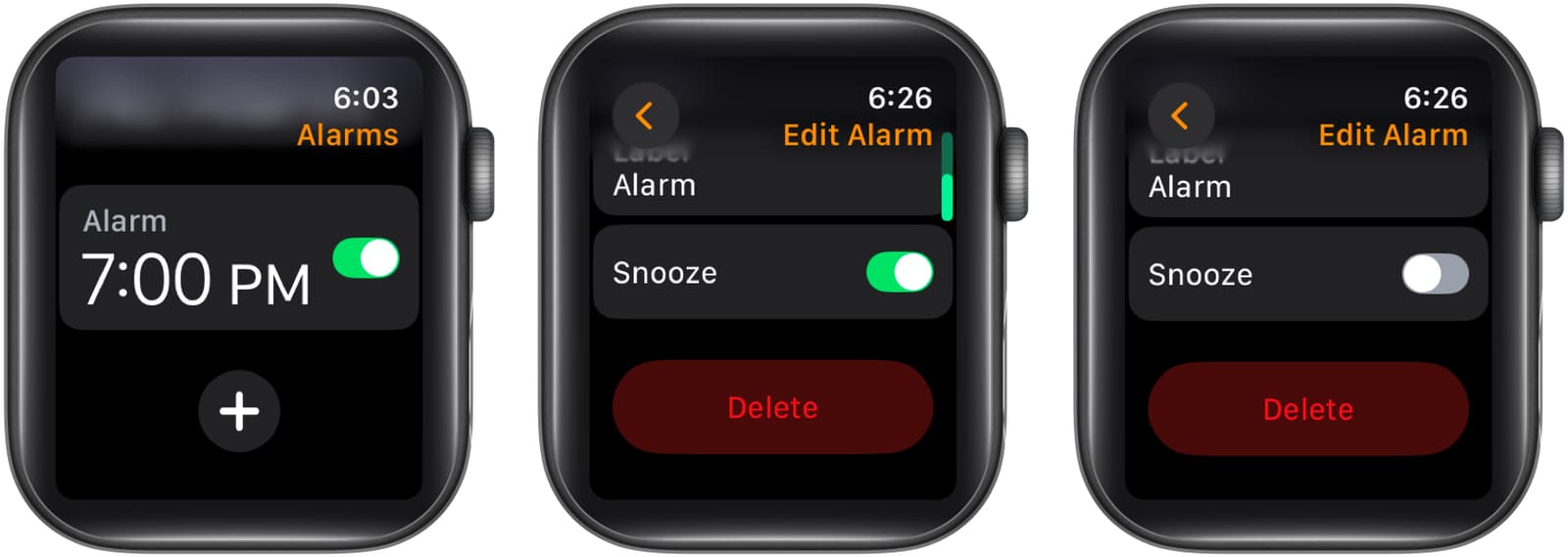 Toggling off the Snooze option in the Alarms app on an Apple Watch.