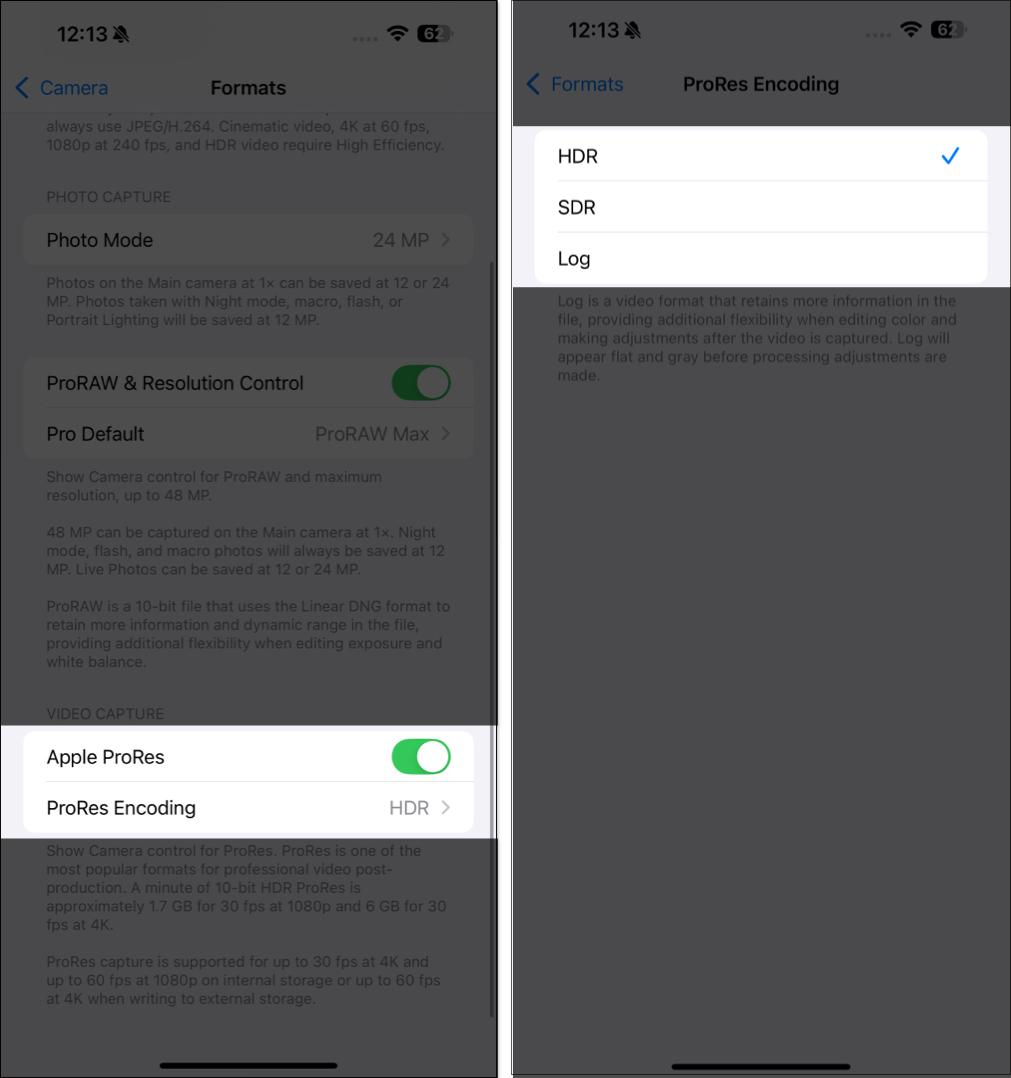 Toggling on ProRes and selecting a ProRes Encoding format.