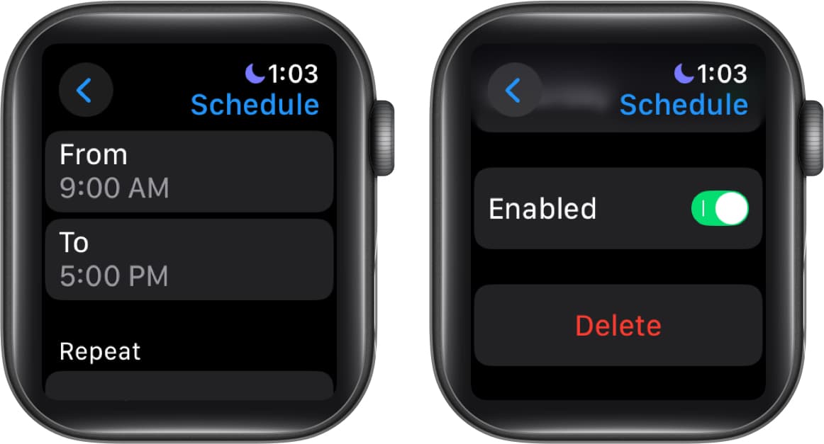 Adding a Do Not Disturb schedule and enabling it on an Watch.