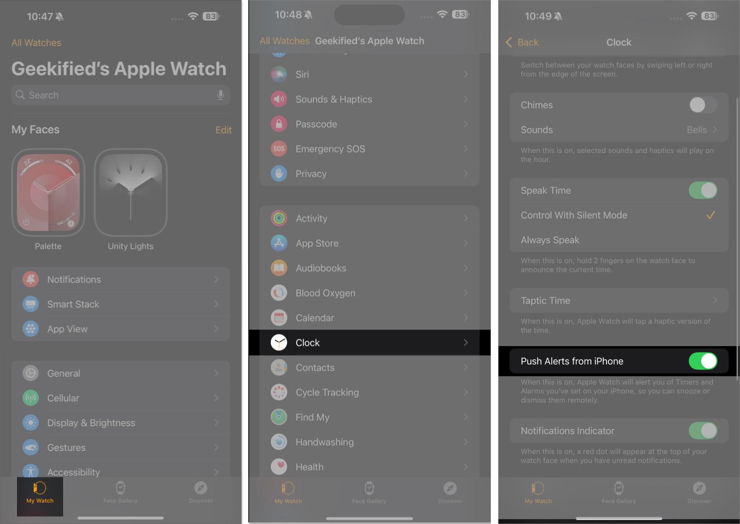 Toggling on the Push Alerts from iPhone option in the iOS Watch app.