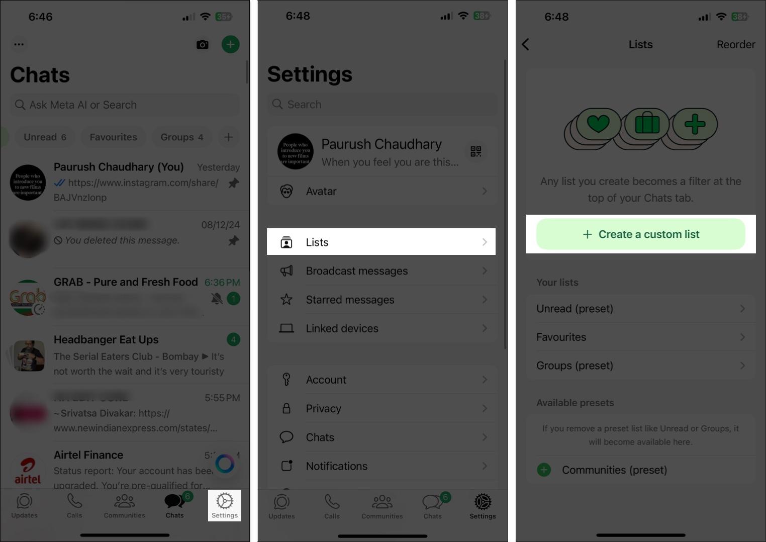 Creating a custom list on WhatsApp from the Settings tab.