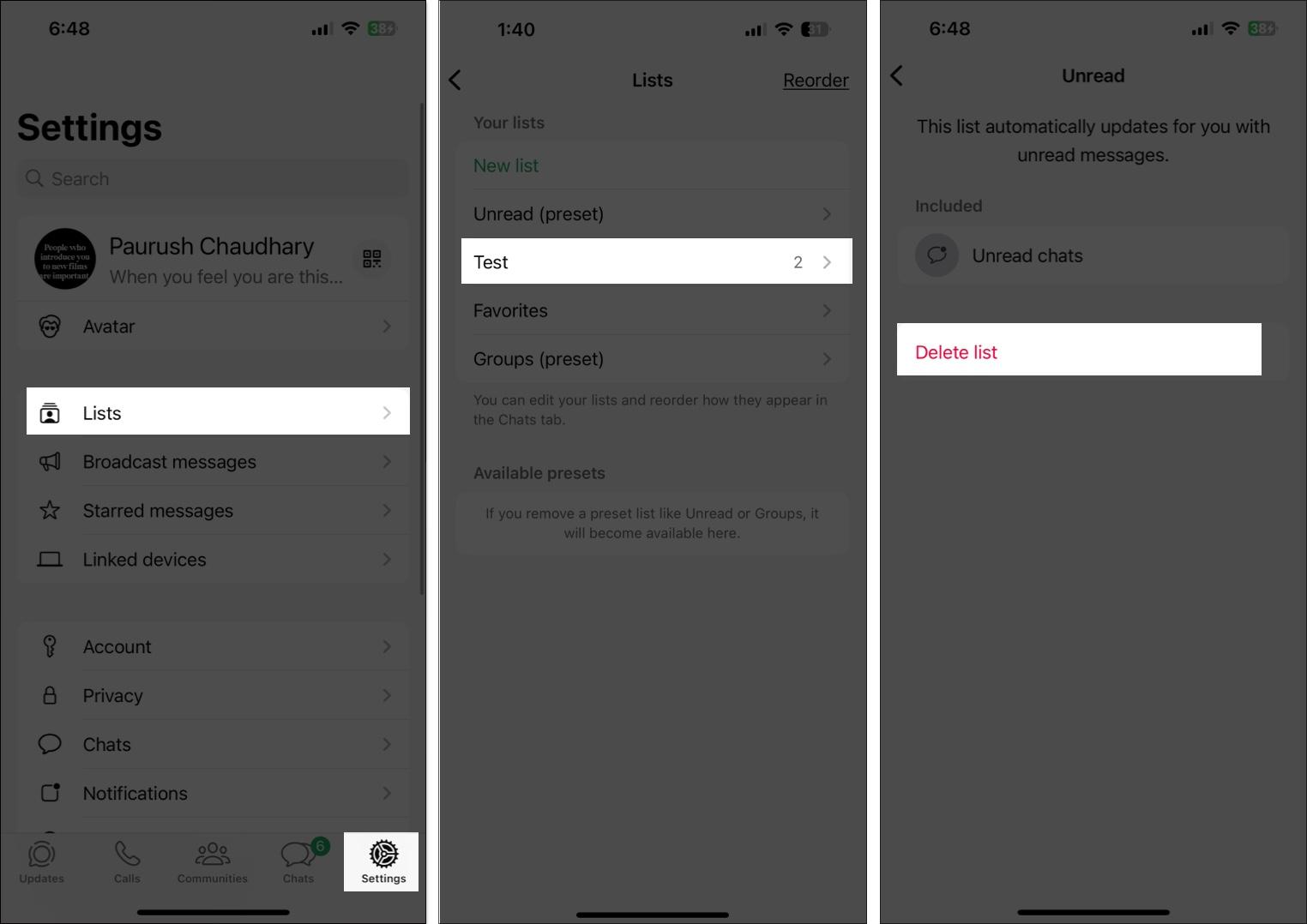 Deleting a custom WhatsApp list from the Settings tab.