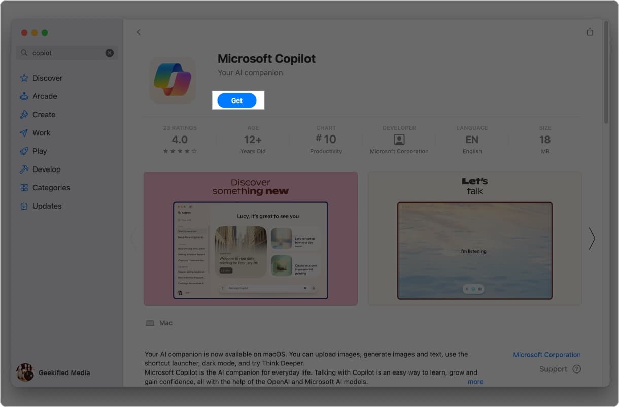 Click get to install microsoft copilot from Mac App Store.