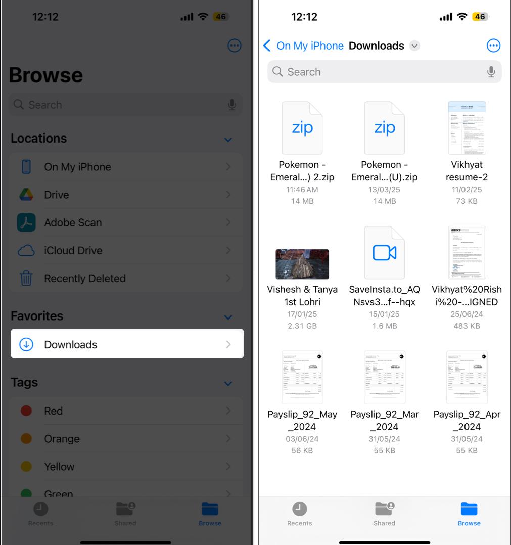Finding downloaded files in the Files app on an iPhone