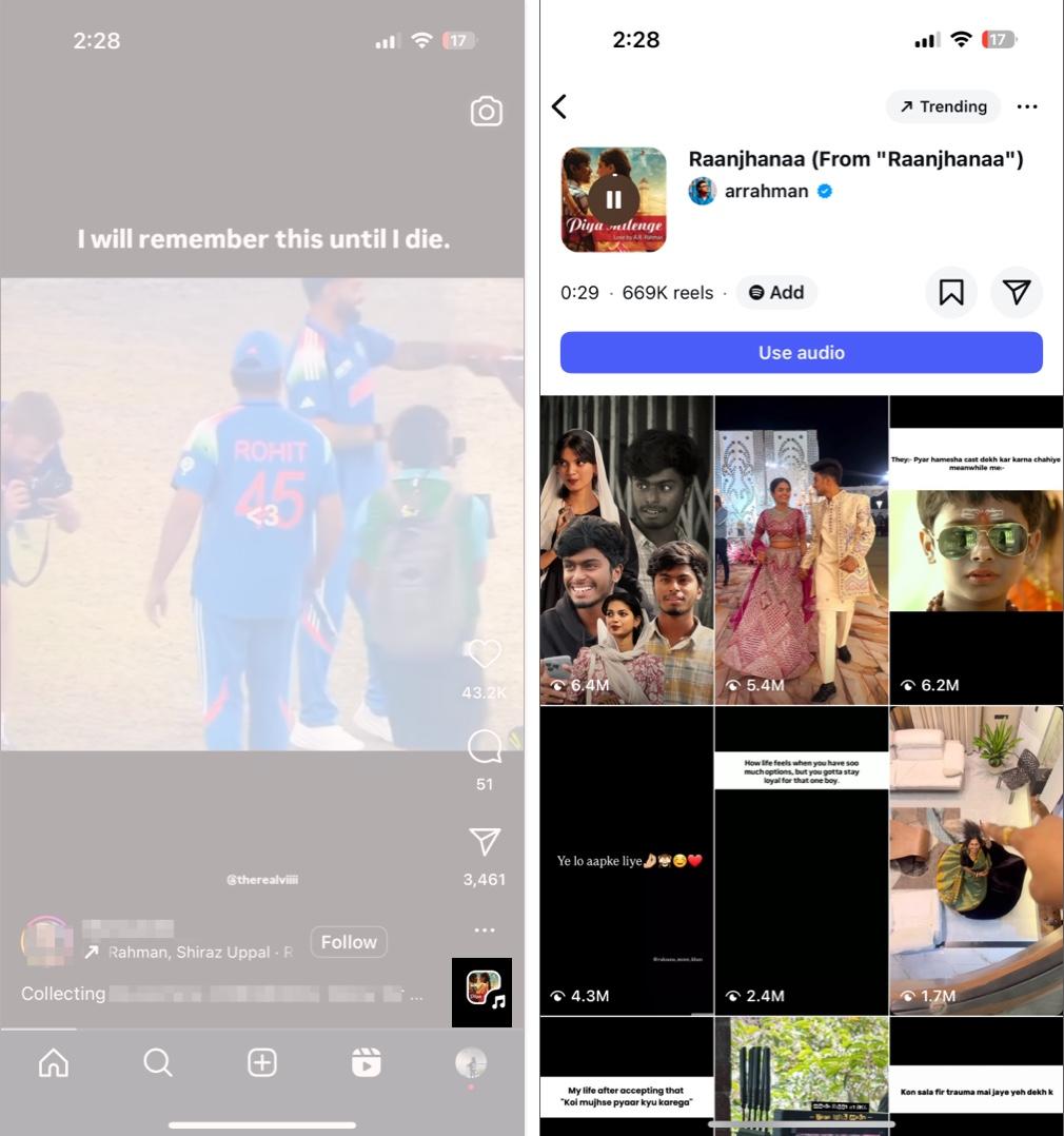 Finding trending audio on the Explore tab in the Instagram app on an iPhone.